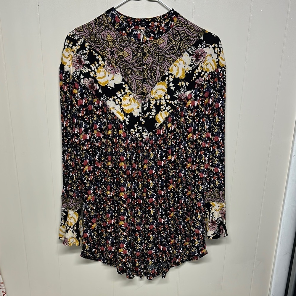 Free People Black Pleated Blouse with Bib Collar